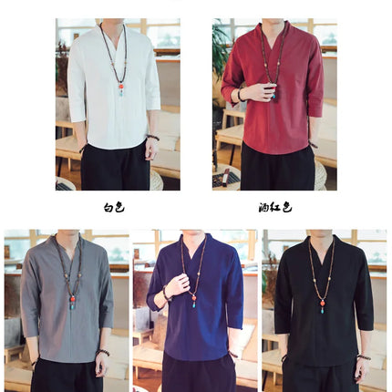 Kimono estivo stile giapponese manica corta uomo nuovo cotone a mezza manica lino traspirante abbigliamento uomo t-shirt giapponese Yukata top
