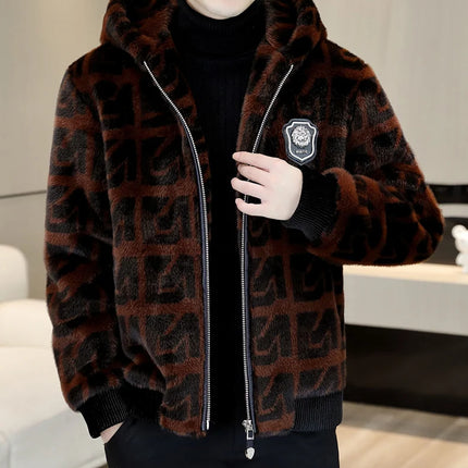 Autumn Winter Faux Fur Hooded Jacket Men Fashion Social Faux Mink Fur Casual Business Jacket Thick Warm Outdoor Windproof Coat