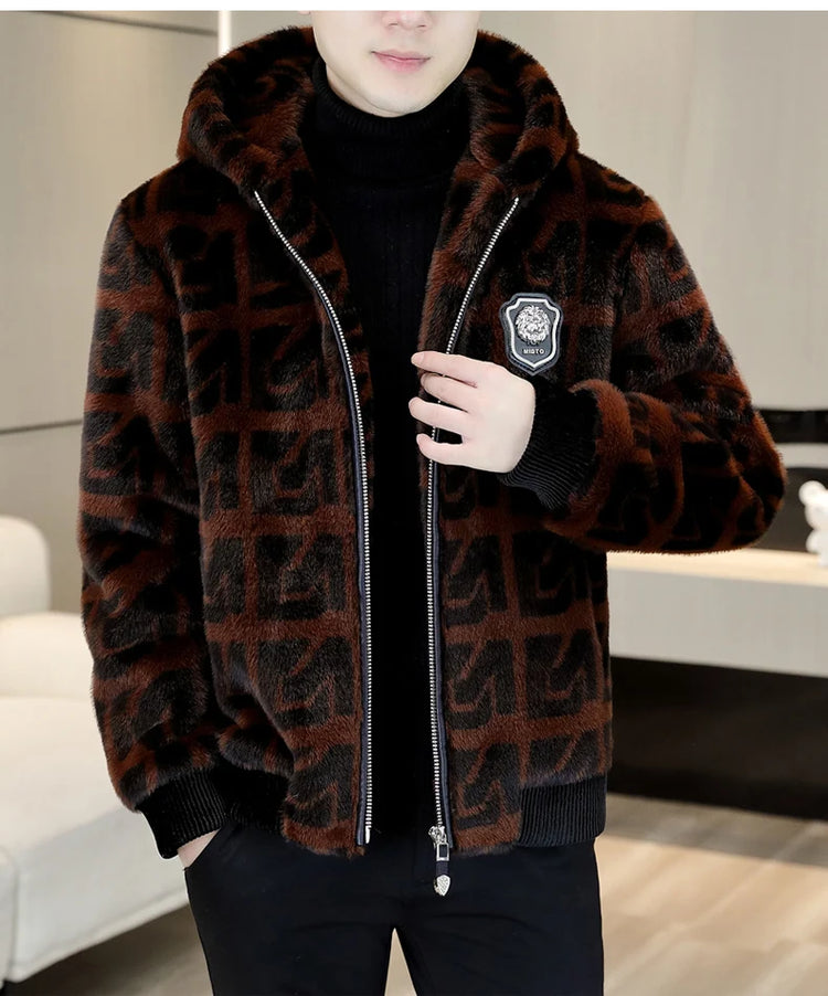 Autumn Winter Faux Fur Hooded Jacket Men Fashion Social Faux Mink Fur Casual Business Jacket Thick Warm Outdoor Windproof Coat