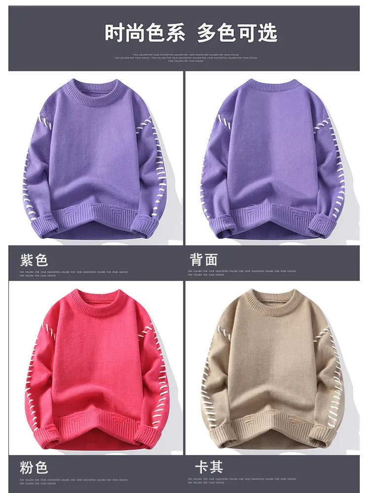 Solid Color Trendy Loose Knit Sweater With Coarse Yarn Weaving Pattern For Autumn And Winter Men's Top And Street Pullover