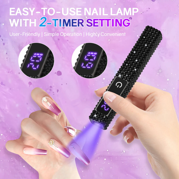 Handheld Mini  UV LED Nail Lamp With Diamonds Portable Nail Dryer Rechargeable 2-Timer Gel Curing Tool for On-the-Go Manicures
