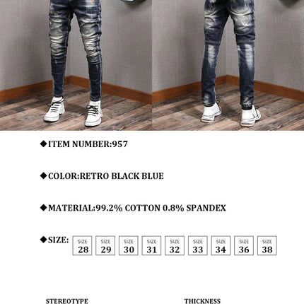 Fashion Streetwear Men Jeans Retro Black Blue Elastic Slim Fit Ripped Jeans Men Spliced Designer Embroidery Hip Hop Denim Pants PlatiNum