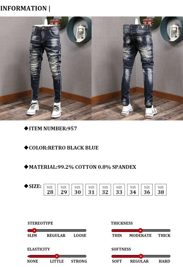 Fashion Streetwear Men Jeans Retro Black Blue Elastic Slim Fit Ripped Jeans Men Spliced Designer Embroidery Hip Hop Denim Pants PlatiNum