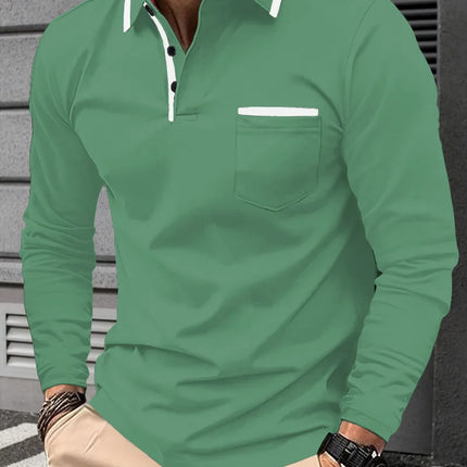 New men's long-sleeve polo shirt, casual sporty style, with lapel collar and decorative buttons, cross-border model.