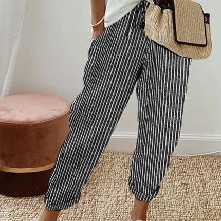 Pantaloni casual con coulisse in vita elastica stampata a righe larghe alla moda da donna europea e americana transfrontaliera estiva platinumshop