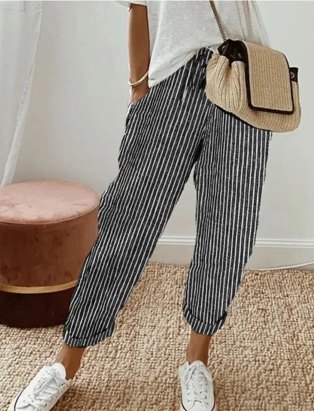 Pantaloni casual con coulisse in vita elastica stampata a righe larghe alla moda da donna europea e americana transfrontaliera estiva platinumshop