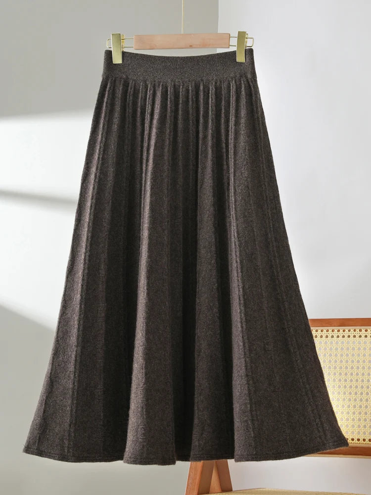 TLOML New Women's 100% Merino Wool Knitwear Wool Skirt Autumn Winter Long Pleated Skirt Grace Soft Warm Comfy Chic Dress Skirt PlatiNum