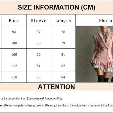 Chic Patchwork Lace Blazer Dress Women Autumn Winter Commute Lapel Long Sleeve Slim Fit Mini Dresses Double Breasted Suit Dress