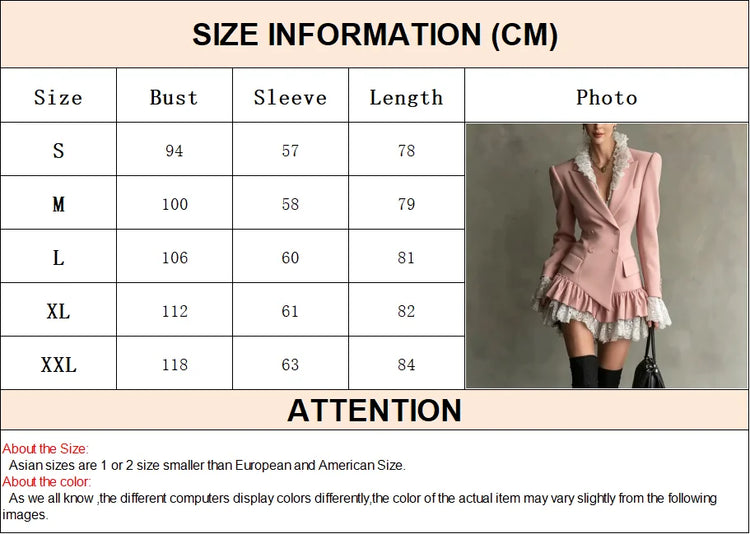 Chic Patchwork Lace Blazer Dress Women Autumn Winter Commute Lapel Long Sleeve Slim Fit Mini Dresses Double Breasted Suit Dress