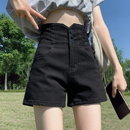 Women's super high waisted denim shorts for summer girls, new black A-line waist cinching slimming design, hot pants PlatiNum