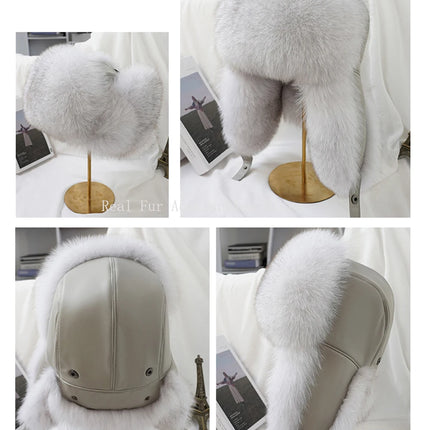 New Winter Men's 100% Real Silver Fox Fur Bomber Hat Raccoon Fur Ushanka Cap Trapper Russian Man Ski Hats Caps Real Leather