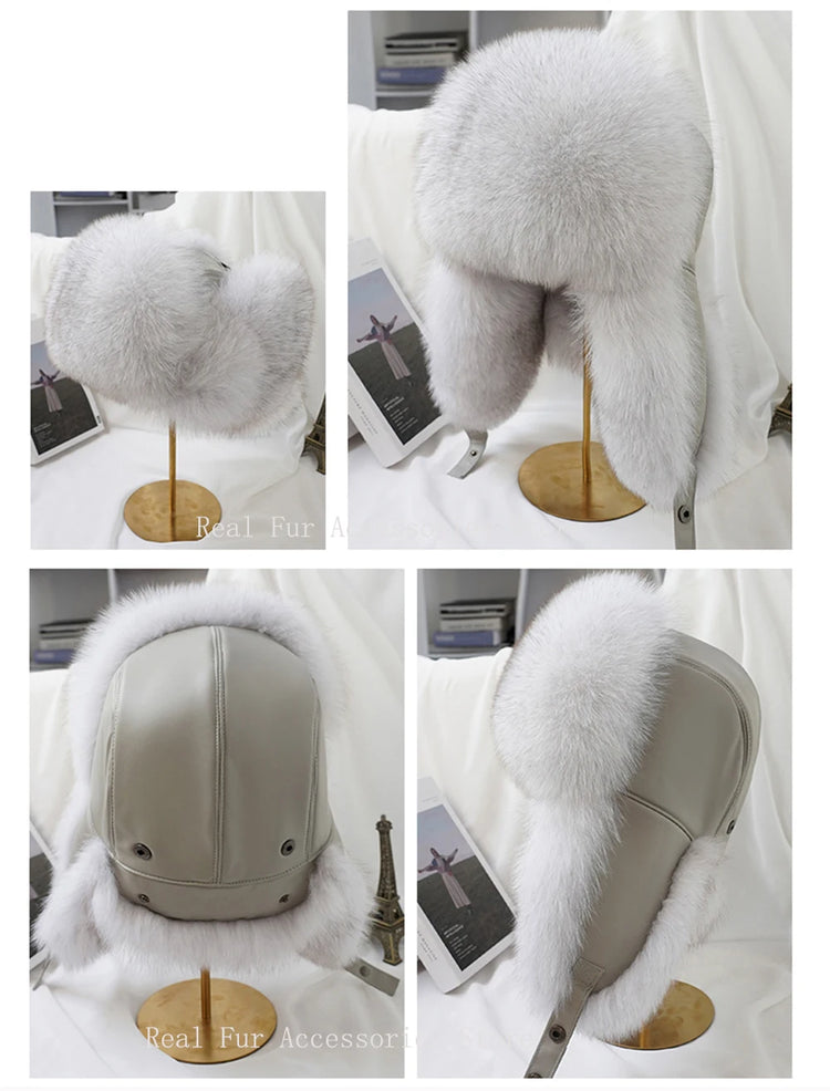 New Winter Men's 100% Real Silver Fox Fur Bomber Hat Raccoon Fur Ushanka Cap Trapper Russian Man Ski Hats Caps Real Leather