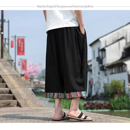 Pantaloncini kimono giapponese Costume da samurai in lino da uomo Ukiyo-e Cintura con stampa Pantaloni a gamba larga Retro Haori Pantaloni casual larghi Harajuku da uomo
