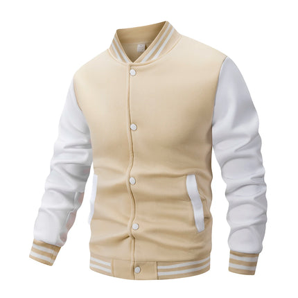 Men's Fleece-Lined Varsity Jacket Autumn Winter Warm Color Block Baseball Jacket Button Front & Striped Cuffs Retro Casual Coat