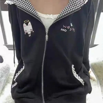 Zipper Hoodie Gothic Cartoon Kawaii Cat Ear Y2k Jacket Zip Up Thin Coat Spring Autumn Cute Core 2000s Clothes Fall Sweatshirts