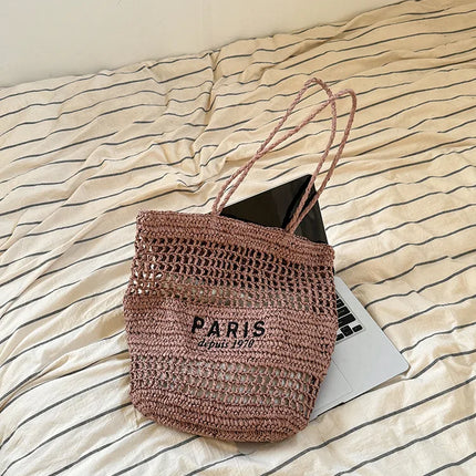 Hylhexyr Women's Letter Embroidered Shoulder Bag Woven Straw Bag Large Capacity Empty Holiday Beach Bags