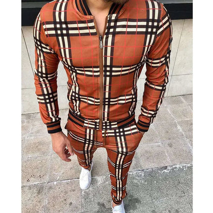 2025 Men Tracksuit 2pc Set Gym Hiking Plaid Zipper Hoodie Cargo Pants Autumn Athleisure Outfit Fleece Jogger Sportswear PlatiNum