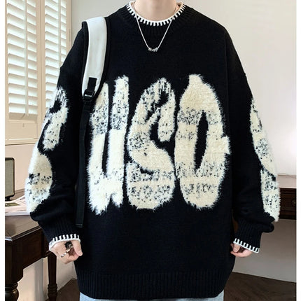 2025 New Letter Jacquard O-Neck Knitwear Men's American Fashion Retro Knitted Sweater Autumn Hip Hop Long Sleeve Y2K Pullovers