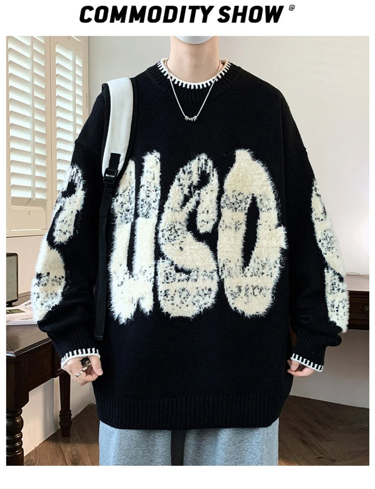 2025 New Letter Jacquard O-Neck Knitwear Men's American Fashion Retro Knitted Sweater Autumn Hip Hop Long Sleeve Y2K Pullovers