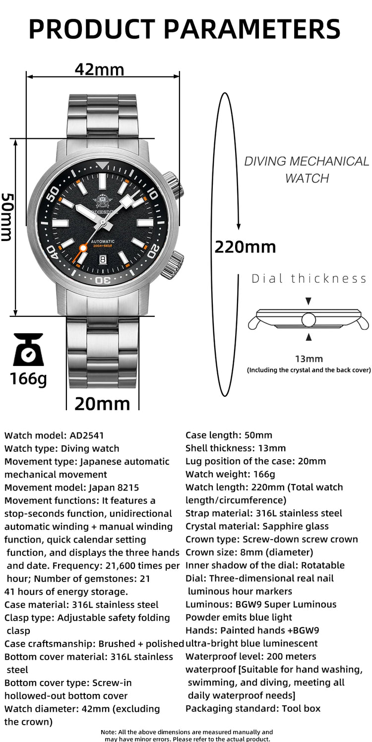 ADDIESDIVE 200M Automatic Dive Watch Men Japanese 8215 Sapphire Stainless Steel Luminous Mechanical Diving Wristwatch BGW9 Hands