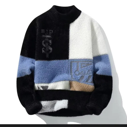 2024 New Men's Plush Sweater Pullovers Korean Winter Warm O Neck Black Sweater High Quality Cool Top Fashionable Men's Clothing