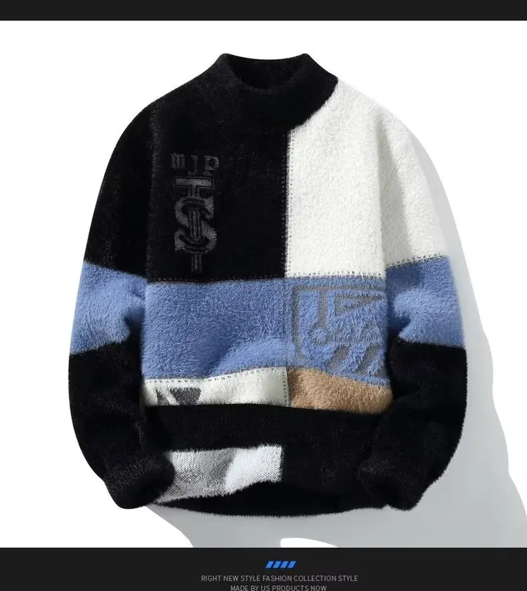2024 New Men's Plush Sweater Pullovers Korean Winter Warm O Neck Black Sweater High Quality Cool Top Fashionable Men's Clothing