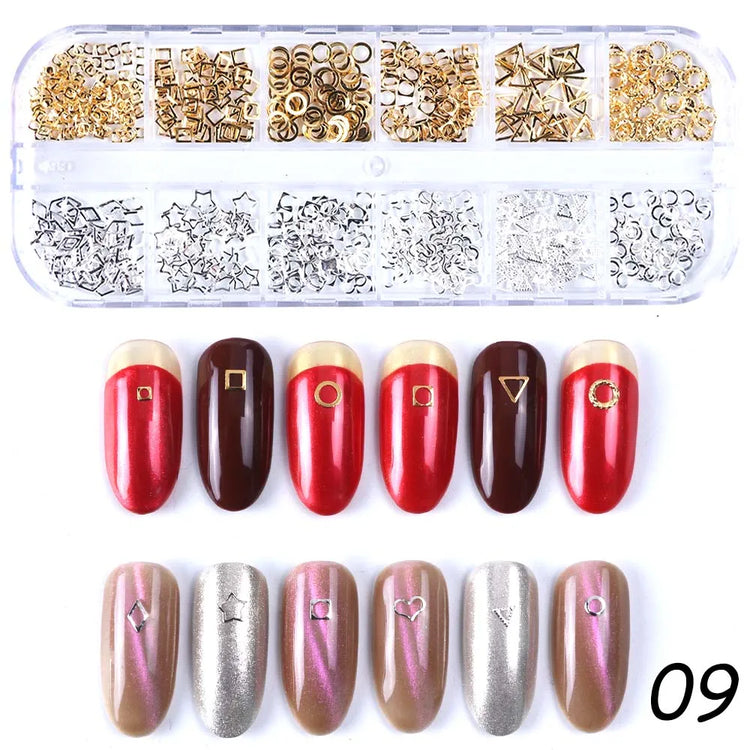 12 Grids Gold Nail Art Alloy Studs Seaside 3D Decorations Sea Shell Star Nail Charm Metal Frame Rivets Nail Sequin Accessories