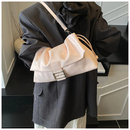 Women's Large Capacity Casual Single Shoulder Bag Soft Leather Cloud Pleated Drawstring Tote Bag Fashion Versatile Underarm Bag