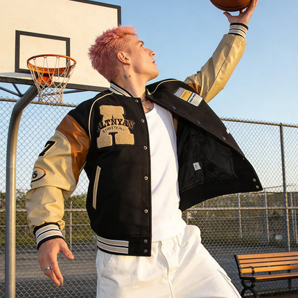Men's Casual Varsity Jacket Motorcycle Bomber Coat Vintage Letterman Baseball Streetwear Outerwear with Faux Leather Sleeves