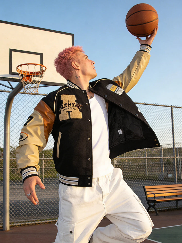 Men's Casual Varsity Jacket Motorcycle Bomber Coat Vintage Letterman Baseball Streetwear Outerwear with Faux Leather Sleeves