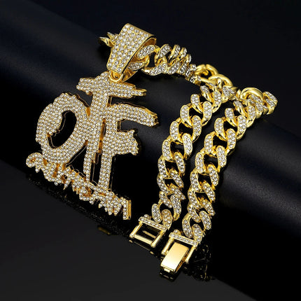 Hip Hop Fashion English Letter OTF Pendant Cuban Chain Necklace,  Suitable For Daily Wear By Men And Women , Rock Party Jewelry PlatiNum