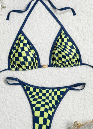 Costume da bagno sexy 2026 Nuovo micro bikini donna costumi da bagno scozzesi anello dorato gamba alta costume da bagno a due pezzi con spalline costumi da bagno Biquini