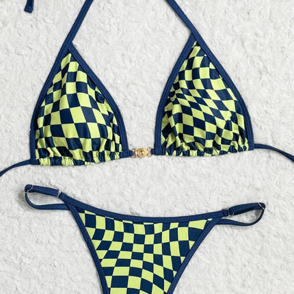 Costume da bagno sexy 2026 Nuovo micro bikini donna costumi da bagno scozzesi anello dorato gamba alta costume da bagno a due pezzi con spalline costumi da bagno Biquini