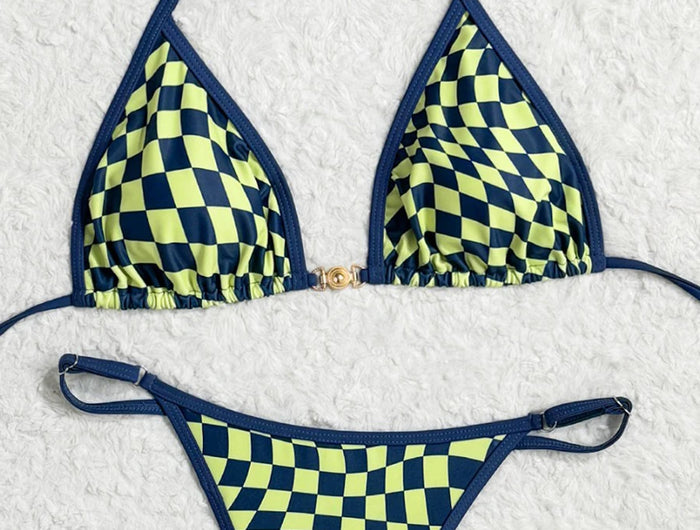Costume da bagno sexy 2026 Nuovo micro bikini donna costumi da bagno scozzesi anello dorato gamba alta costume da bagno a due pezzi con spalline costumi da bagno Biquini