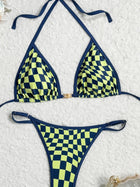 Costume da bagno sexy 2026 Nuovo micro bikini donna costumi da bagno scozzesi anello dorato gamba alta costume da bagno a due pezzi con spalline costumi da bagno Biquini