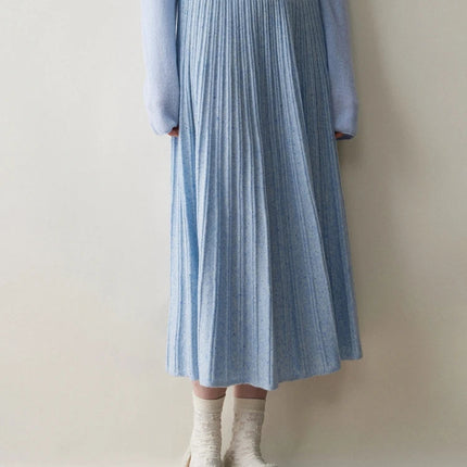 Chic Women's Cashmere Pleated A-line Skirt Autumn Winter 100% Cashmere Knitted Colorful Dots Decoration Elastic Waist Soft Dress PlatiNum