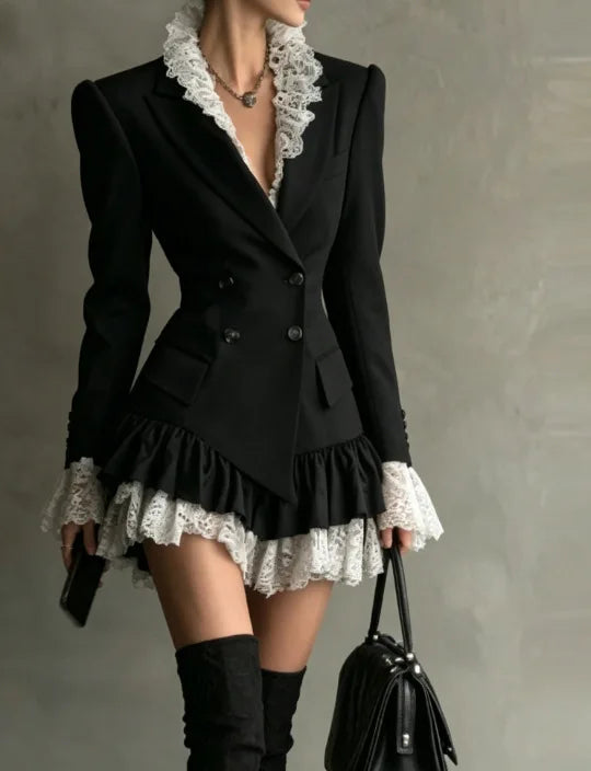 Chic Patchwork Lace Blazer Dress Women Autumn Winter Commute Lapel Long Sleeve Slim Fit Mini Dresses Double Breasted Suit Dress