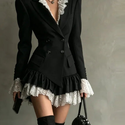 Chic Patchwork Lace Blazer Dress Women Autumn Winter Commute Lapel Long Sleeve Slim Fit Mini Dresses Double Breasted Suit Dress