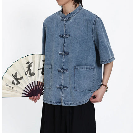 Nuove Giacche in Denim Estive Uomo/Donna Stile Cinese Vintage Lavato Camicie Personalizzate Uomo Kung Fu Casual Baggy Cotone Giacca Tang