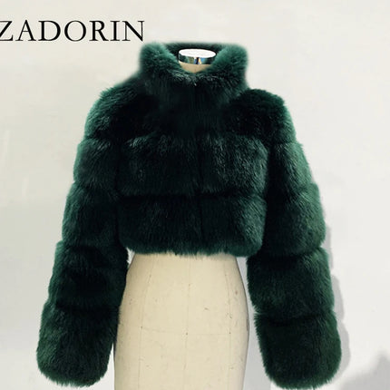 ZADORIN Fashion Cropped Faux Fur Coat Woman Warm Stand Fur Collar Slim Fluffy Fur Jacket Woman Tops Winter Fur Coats Streetwear