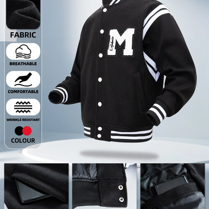 Men's Casual Letterman Jacket Varsity Baseball Coat Vintage Racing Style Streetwear Outerwear with Fine M Letter Embroidery