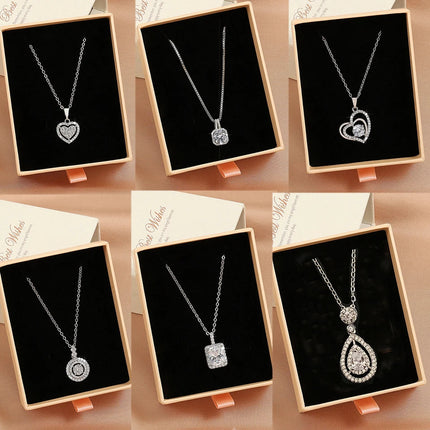 ZAKOL Simple Geometric Crystal White Zircon Pendant Necklace For Women Silver-Color Wedding Party Jewelry Gift With Box PlatiNum