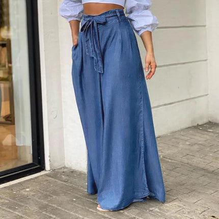 Eleganti Jeans a vita alta donna Denim estate pantaloni a gamba larga Lace-up Solid Female Lage Size Street pantaloni Casual abbigliamento