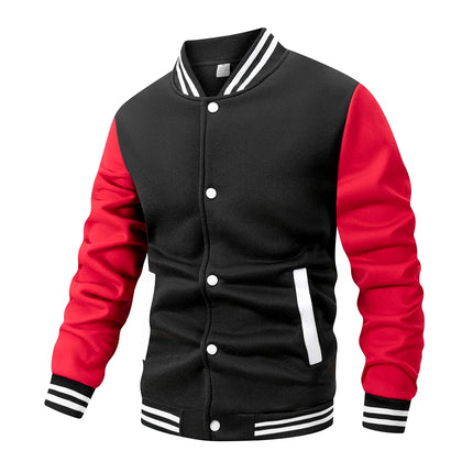 Men's Fleece-Lined Varsity Jacket Autumn Winter Warm Color Block Baseball Jacket Button Front & Striped Cuffs Retro Casual Coat