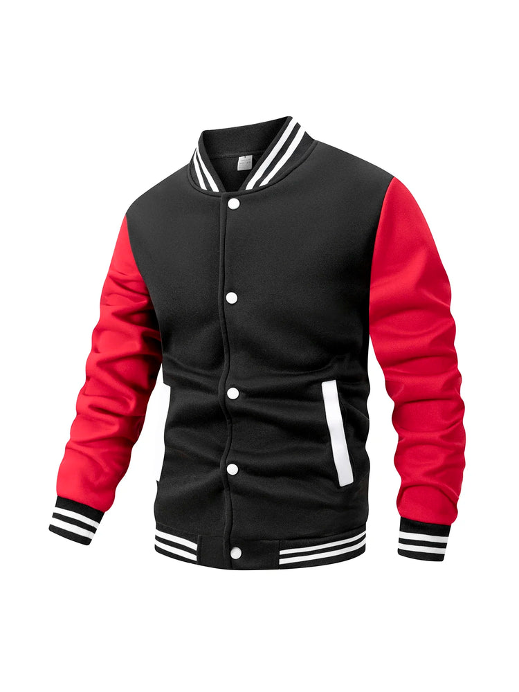 Men's Fleece-Lined Varsity Jacket Autumn Winter Warm Color Block Baseball Jacket Button Front & Striped Cuffs Retro Casual Coat