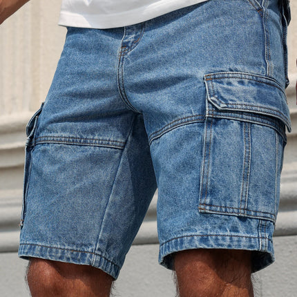 Pantaloncini in denim da lavoro estivi da uomo, stile multitasche blu. Elegante e casual, adatto per streetwear.