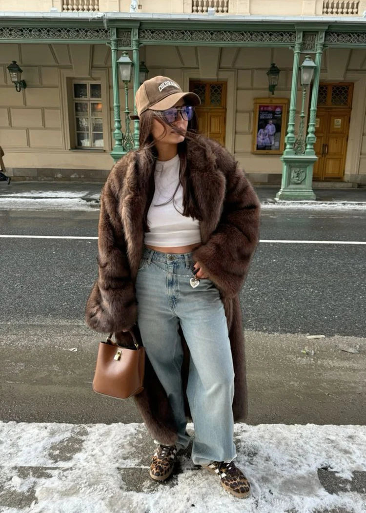 ZADORIN 120cm Super Long Luxury Winter Brown Faux Fur Coat Woman Elegant Belted Lapel Thick Fluffy Fur Jacket High Quality Coats