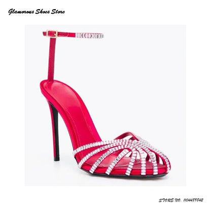Bling Crystal Caged-toe Satin Sandals Women's Round Toe Thin High Heels Party Shoes Summer Fashion Buckle Strap Daily Stilettos