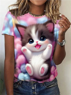 Divertente modello gatto T-shirt per le donne Animale carino 3D stampato maniche corte Estate T-shirt oversize O-Collo Top Tees Streetwear