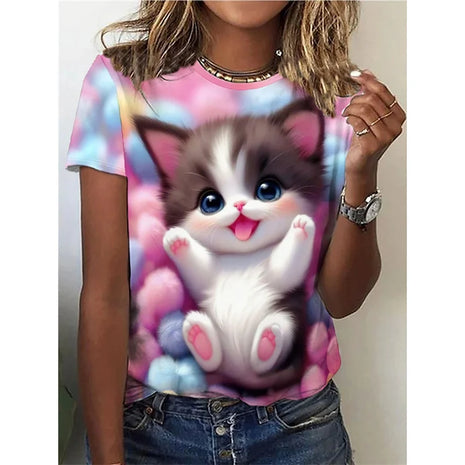 Divertente modello gatto T-shirt per le donne Animale carino 3D stampato maniche corte Estate T-shirt oversize O-Collo Top Tees Streetwear